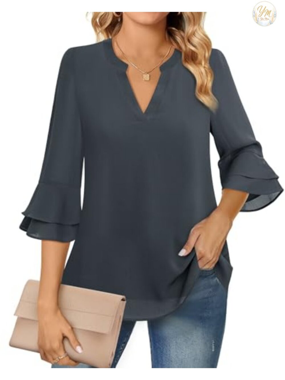 Womens Polyester Chiffon Blouse 3/4 Bell Sleeve Business Work Tunic